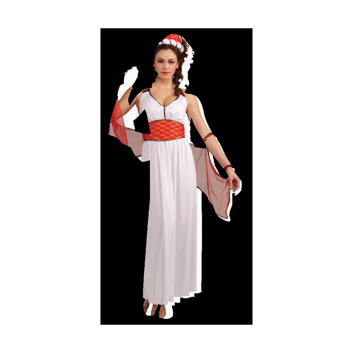 Mujer con disfraz de diosa Hera, vestido blanco largo, cinturón rojo y velo