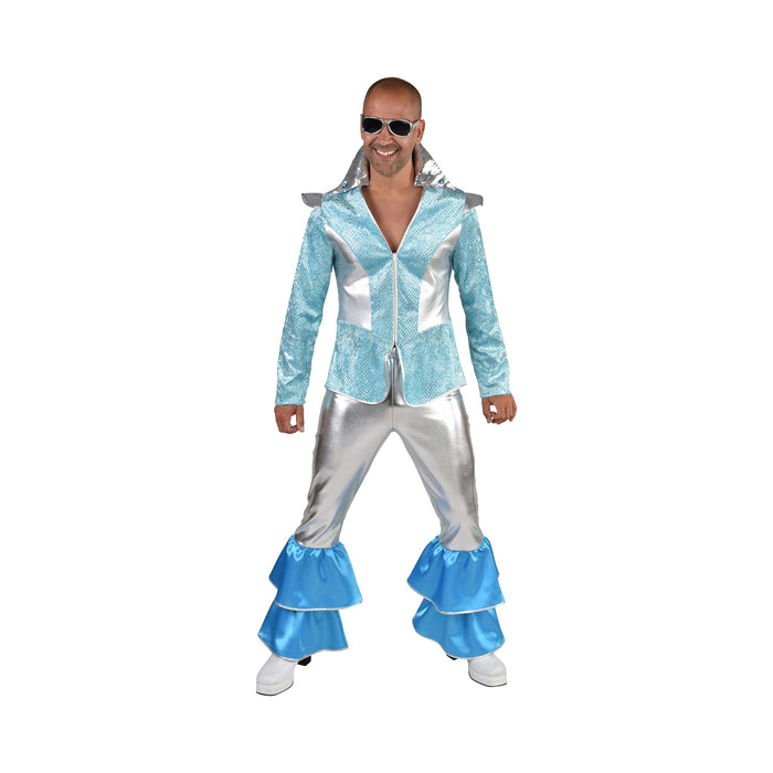 Disfraz disco para hombre, chaqueta celeste brillante y pantalón plateado con vuelos