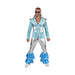 Disfraz disco para hombre, chaqueta celeste brillante y pantalón plateado con vuelos