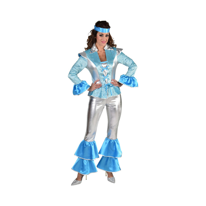 Disfraz disco para mujer, blusa celeste brillante y pantalón plateado con vuelos