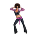 Disfraz disco para mujer con top corto negro y morado y pantalón negro acampanado con cinturón morado