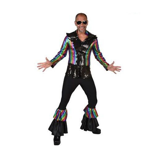 Hombre con traje disco negro con lentejuelas arcoíris