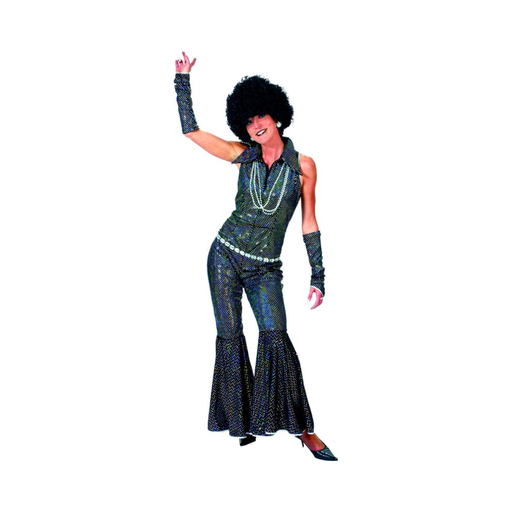 Disfraz disco para mujer, traje negro brillante con cuello grande y pantalón acampanado