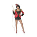 Disfraz de domadora de circo para mujer, chaqueta roja con cola y flecos dorados sobre vestido negro corto