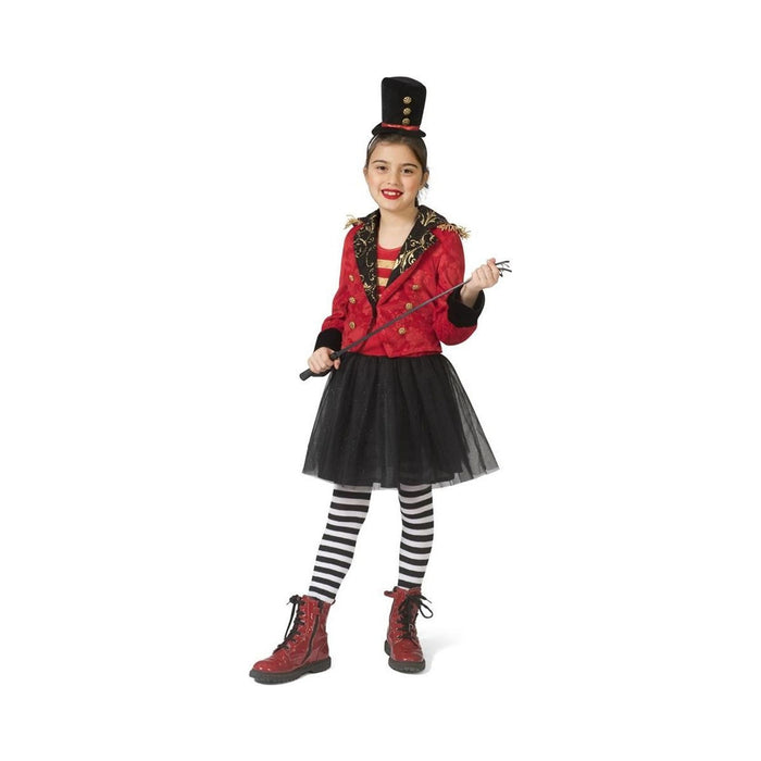Disfraz de domadora de circo para niña, chaqueta roja con flecos dorados, falda de tul negra y mini sombrero de copa