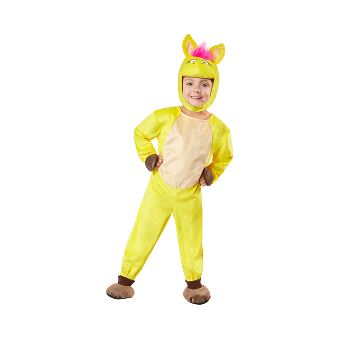 Niño con disfraz de Donkey Hodie: enterito amarillo con pecho crema, cubrezapatos de pezuña y gorro con orejas y mechón fucsia