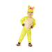 Niño con disfraz de Donkey Hodie: enterito amarillo con pecho crema, cubrezapatos de pezuña y gorro con orejas y mechón fucsia