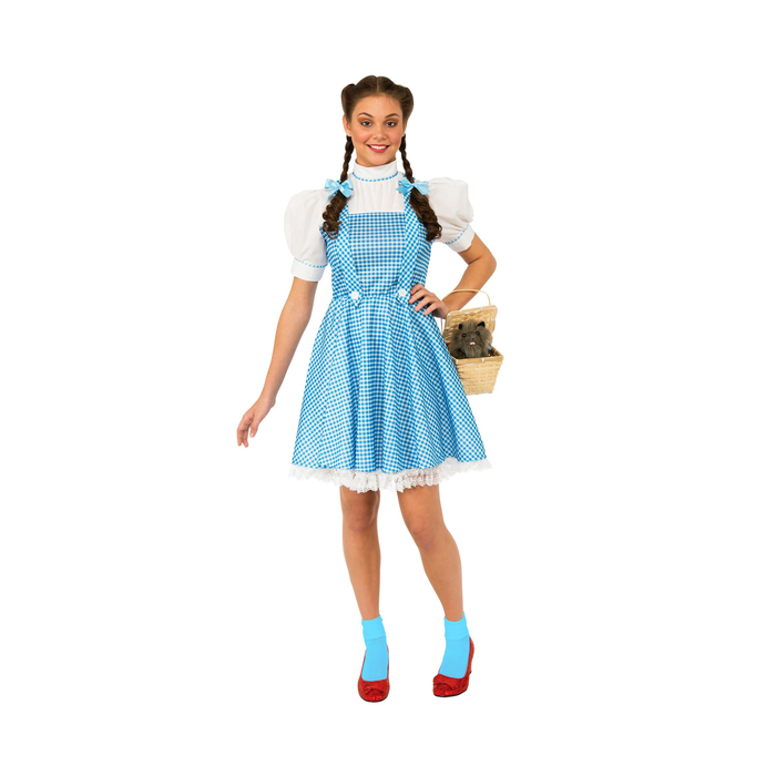 Disfraz de Dorothy para mujer con vestido celeste a cuadros y blusa blanca de mangas abullonadas