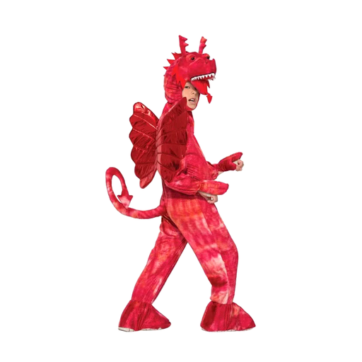 Disfraz de dragón rojo para niño, enterito de peluche con alas, cola y capucha con cabeza de dragón