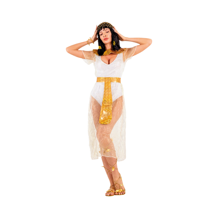 Disfraz de egipcia para mujer, vestido blanco translúcido con cuello dorado y faja dorada