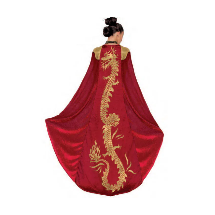Espalda del disfraz de emperatriz dragón con capa roja y dragón dorado