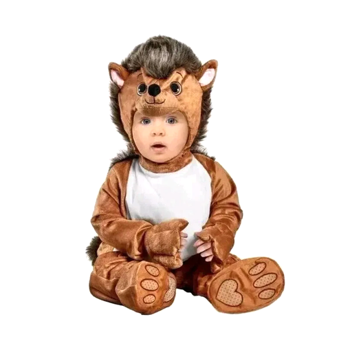 Bebé con disfraz de erizo: enterito de felpa café con pechera blanca y capucha con carita de erizo y púas de peluche