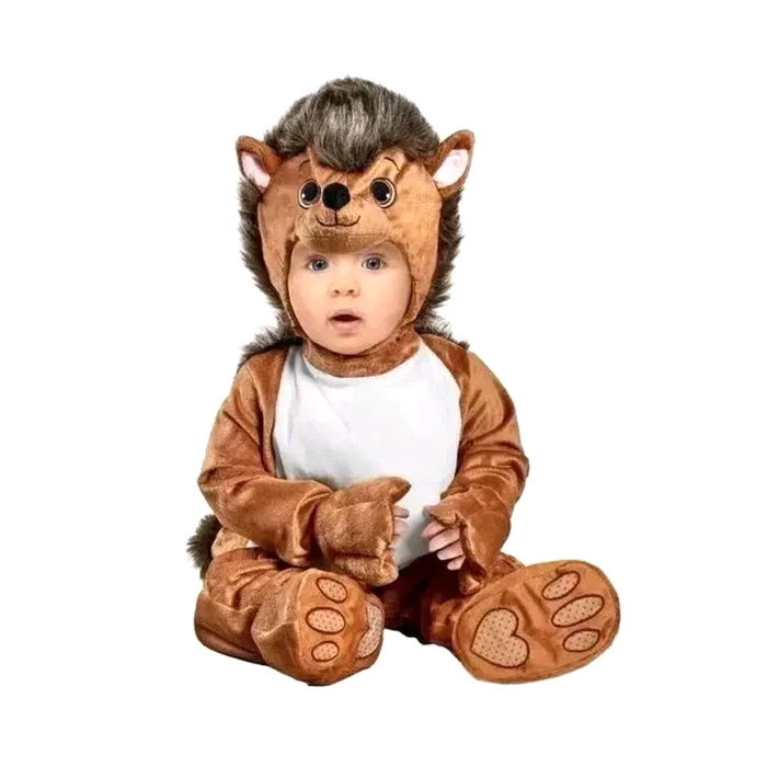 Bebé con disfraz de erizo: enterito de felpa café con pechera blanca y capucha con carita de erizo y púas de peluche
