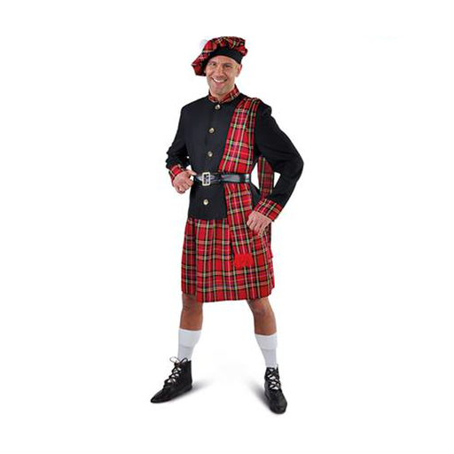 Hombre con disfraz de escocés con kilt rojo