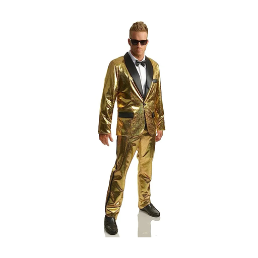 Hombre con disfraz de esmoquin disco: chaqueta y pantalón dorados metalizados
