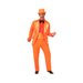 Hombre con disfraz de esmoquin naranja con solapas brillantes y sombrero de copa