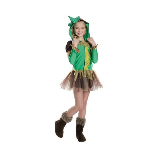Disfraz de espantapájaros para niña, vestido verde con capucha y sombrero adjunto y falda tutú de tul café