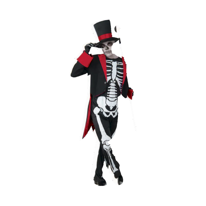 Disfraz de esqueleto elegante para niño con sombrero de copa, chaqueta de frac negra con rojo y enterito con esqueleto blanco