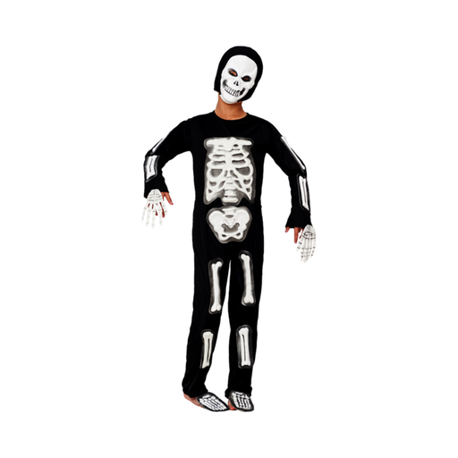 Disfraz de esqueleto para niño, enterito negro con huesos blancos, máscara de calavera, guantes y cubrezapatos