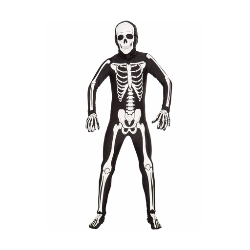 Disfraz de esqueleto segunda piel, enterito negro con huesos blancos y calavera