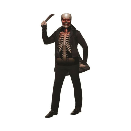 Disfraz de esqueleto siniestro para hombre, camisa con estampado de costillas y chaqueta negra larga