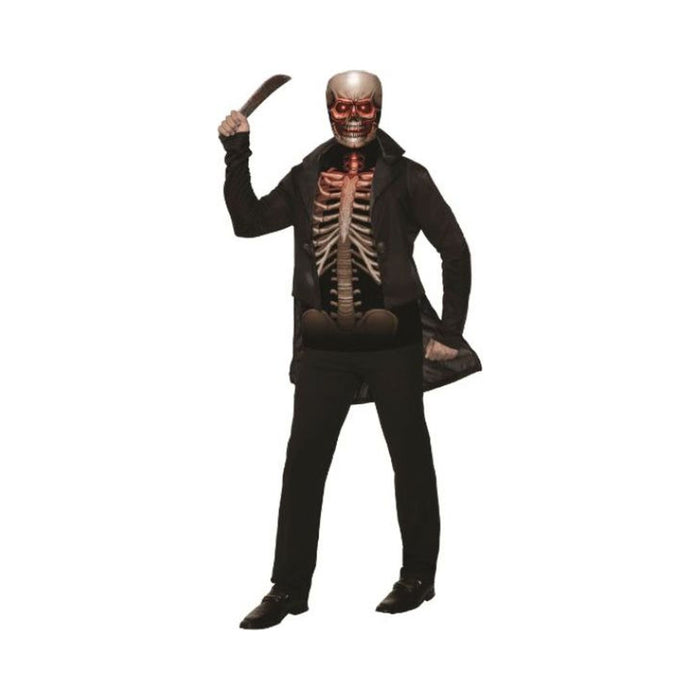 Disfraz de esqueleto siniestro para hombre, camisa con estampado de costillas y chaqueta negra larga