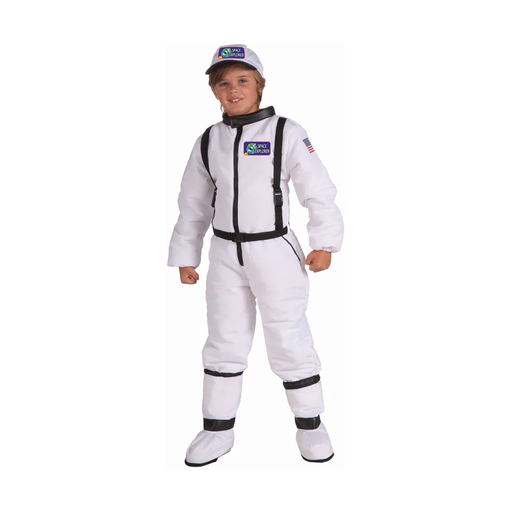 Niño con disfraz de explorador espacial, enterito blanco con arnés, cubrebotas y gorro
