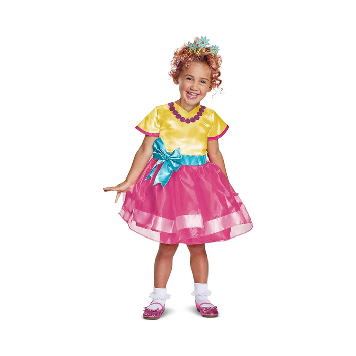 Disfraz de Fancy Nancy para niña, vestido amarillo con falda de tul rosada, lazo turquesa y adorno floral en el pelo