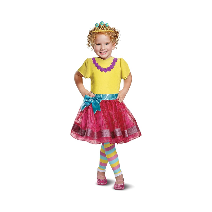 Disfraz de Fancy Nancy deluxe para niña, vestido amarillo con falda de tul fucsia, leggings a rayas y tiara