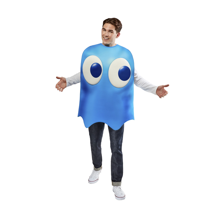 Disfraz de fantasma azul de Pac-Man para adulto, túnica de espuma azul con ojos grandes sobre ropa de calle