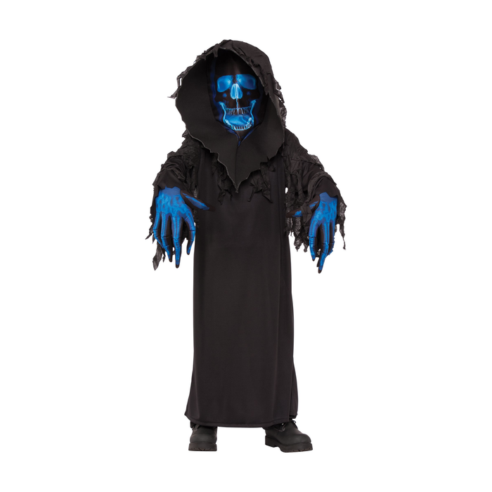 Disfraz de fantasma calavera para niño con túnica negra rasgada, capucha, máscara de calavera azul y guantes azules