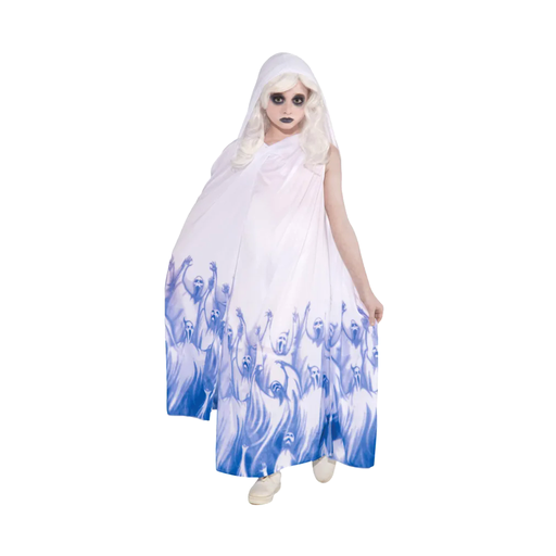 Disfraz de fantasma para niña con vestido largo blanco con espíritus azules y capa con capucha blanca