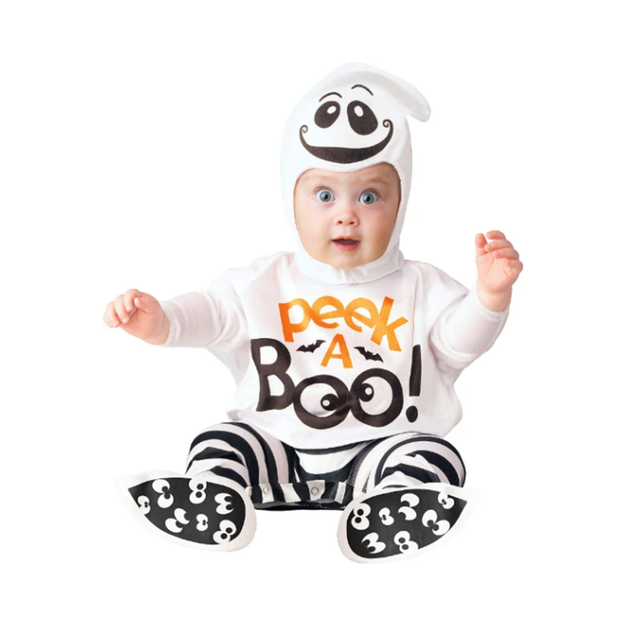 Disfraz de fantasma para guagua, mono blanco con estampado Peek a Boo, pantalón a rayas y capucha con cara de fantasma