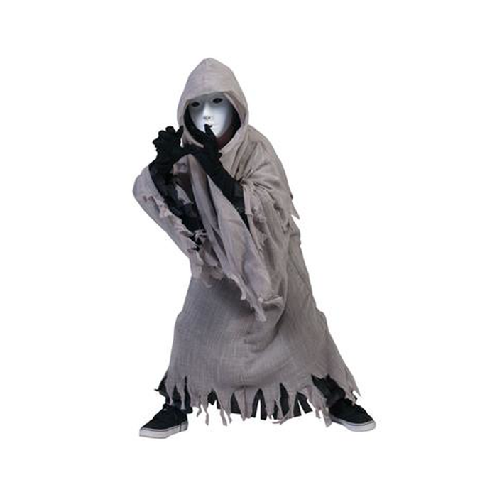 Niño con disfraz de fantasma de terror gris