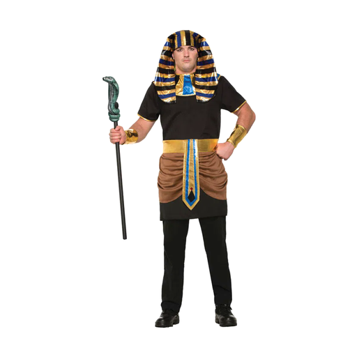 Disfraz de faraón para hombre con tocado egipcio azul y dorado, túnica negra y cinturón dorado