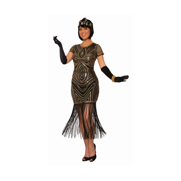 Mujer con disfraz de flapper: vestido negro con diseño art deco dorado y flecos