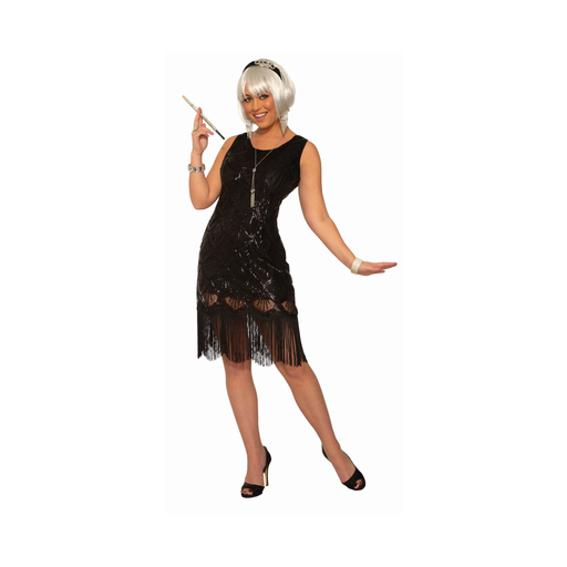 Disfraz de flapper años 20 para mujer con vestido negro brillante y flecos