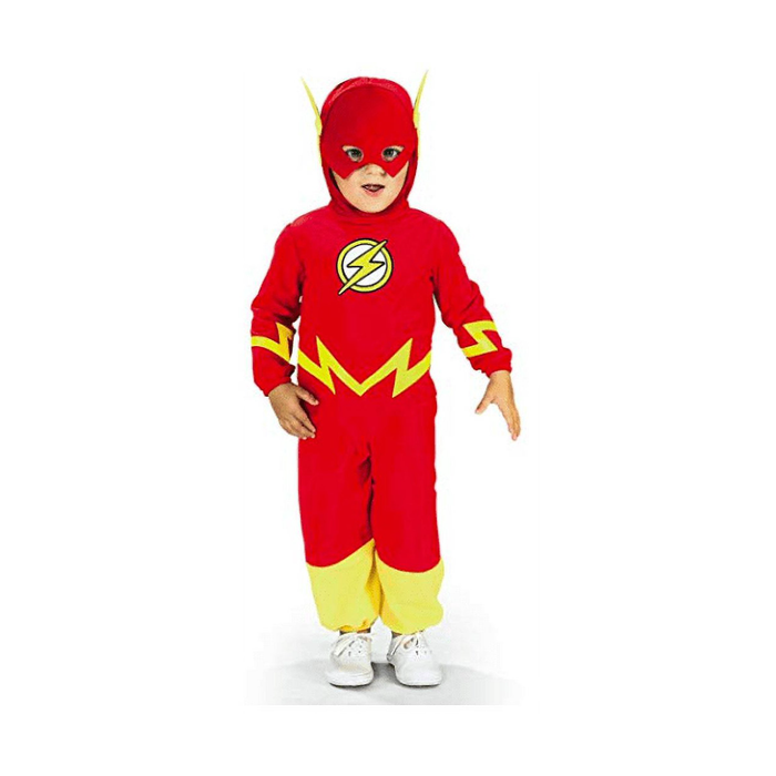 Disfraz de Flash para bebé con enterito rojo con rayos amarillos y gorro rojo con antifaz y alitas