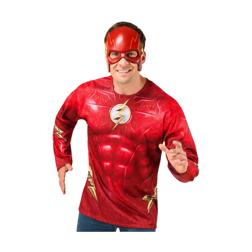 Disfraz de Flash para hombre con polera roja de pecho musculoso estampado y antifaz rojo