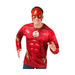 Disfraz de Flash para hombre con polera roja de pecho musculoso estampado y antifaz rojo