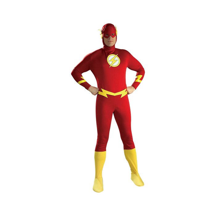 Hombre con disfraz de Flash, enterito rojo con rayo, cinturón y cubrebotas amarillos