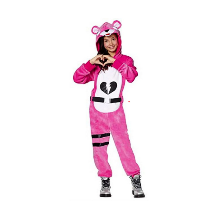 Disfraz de Cuddle Team Leader de Fortnite para niña, enterito fucsia con capucha de osa
