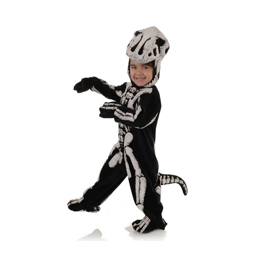 Disfraz de fósil de T-Rex infantil, enterito negro con esqueleto blanco estampado, capucha con cráneo y cola