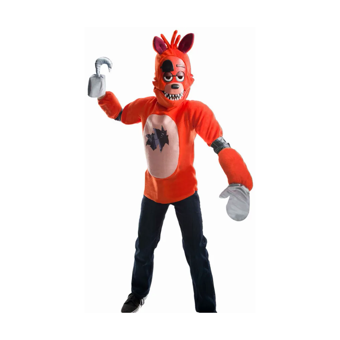 Niño con disfraz de Foxy de Five Nights at Freddy's, parte superior roja y máscara
