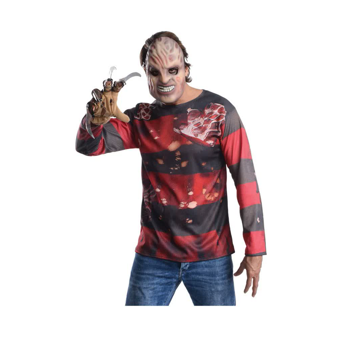 Disfraz de Freddy Krueger para hombre con polera a rayas rojas, máscara y guante con cuchillas