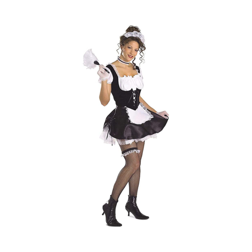 Disfraz de mucama francesa para mujer, vestido negro con delantal blanco y tocado