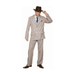 Hombre con disfraz años 20: traje beige con rayas azules, camisa blanca y corbata azul