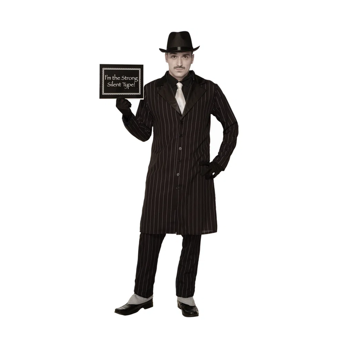 Disfraz de gánster de cine mudo para hombre con abrigo largo negro a rayas, pantalón a juego, corbata blanca y cartel