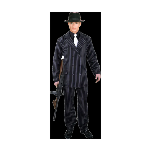 Hombre con disfraz de gánster, traje negro a rayas blancas con chaqueta cruzada