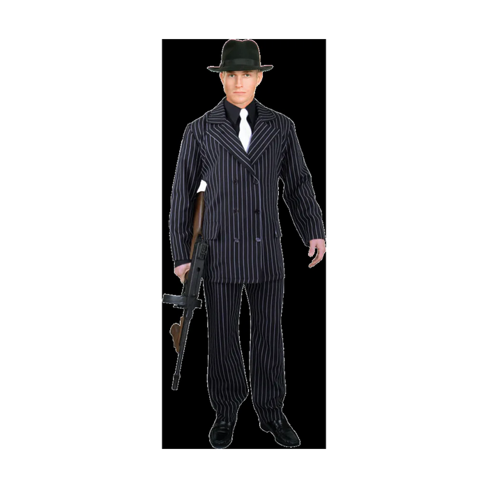 Hombre con disfraz de gánster, traje negro a rayas blancas con chaqueta cruzada